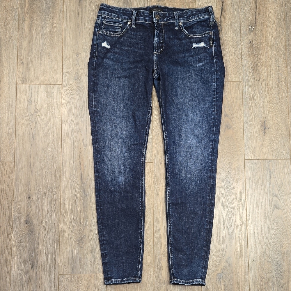 Silver Dark Wash Elyse Skinny Mid Rise Denim Blue Jeans, Size 30/31